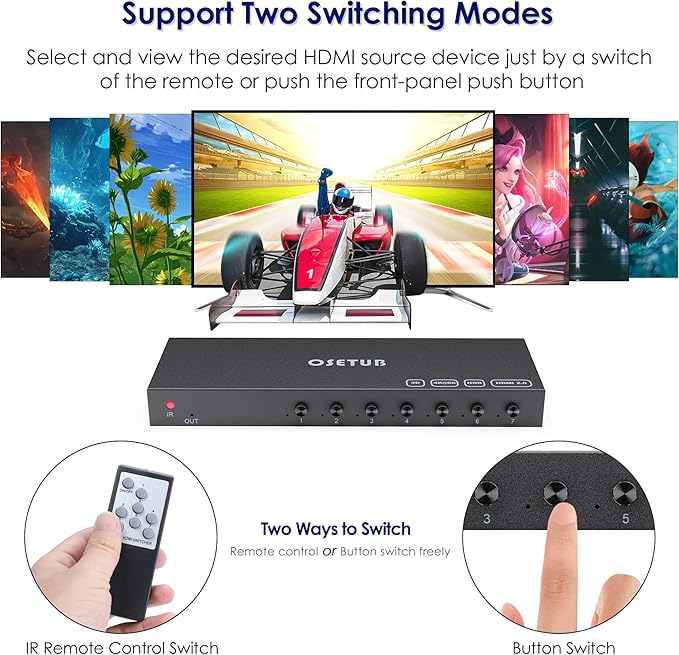 7 in 1 Out HDMI Switch 4K@60Hz with HDR, HDCP 2.2 & 3D and IR Remote Control for PS5, Xbox, Nintendo Switch, Apple TV, Roku, Fire Stick (Home/Office Use)