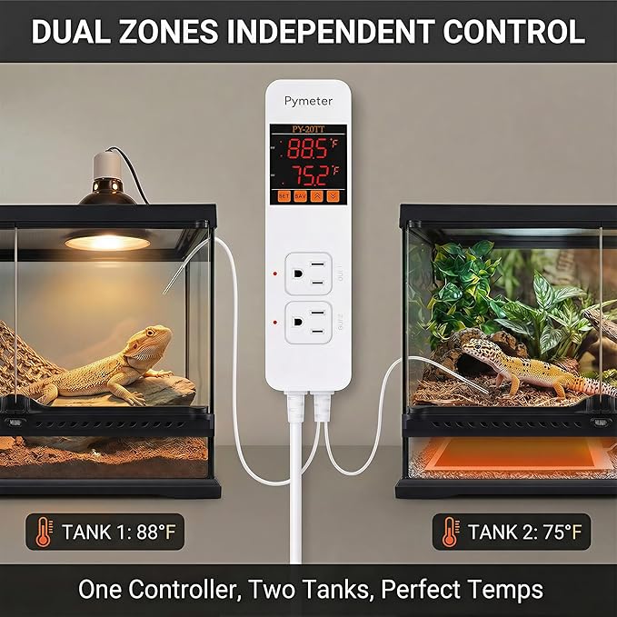 Pymeter Digital Temperature Controller Dual Probe Reptile Thermostat Controlled Outlet for Terrarium Heat Mat Heating Pad, Switch Cooling Fan Freezer Fridge ON & Off at Setpoints 10A 1200W