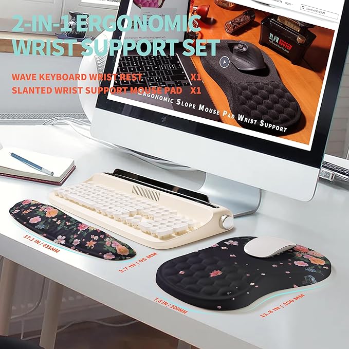 KUOSGM 2-in-1 Ergonomic Set, Wave Rise Keyboard Wrist Rest and Massage Bulge Slope Mouse Pad Wrist Support, Cushion Memory Foam Integrated to Relieve Wrist Pain, Flower Dance