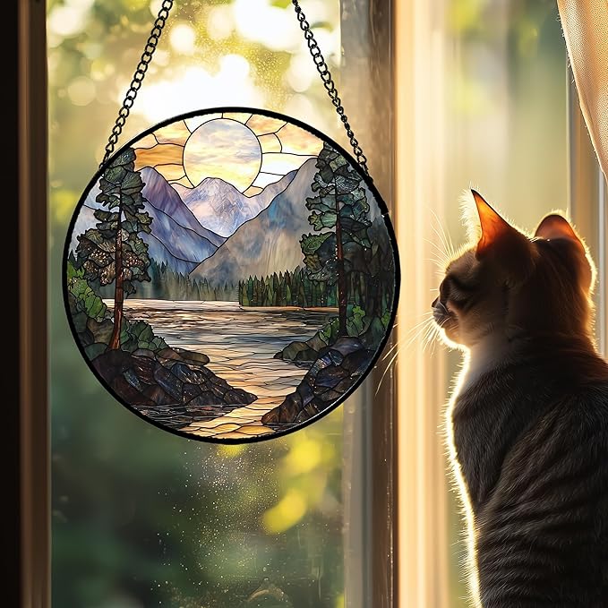 AMDERVEN Stained Glass Window Hanging, Sunset Mountains Lake Tree Sun Catcher for Window Home Decor Landscape Suncatcher Mother's Day Birthday Gifts for Women Men Mom and Nana 7.8 in