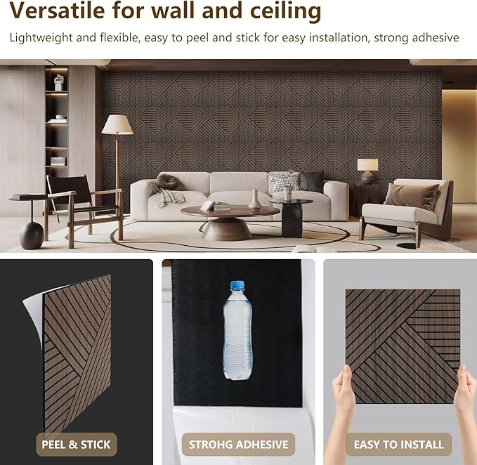 ARMURO 4 Packs Acoustic Wall Panels - Self-Adhesive 3D Wood Slat Wall Panel- Peel and Stick Sound Absorbing Panels for Noise Reducing - Feature Wall Decor for Home & Office