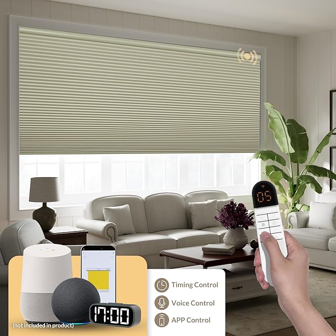 Boolegon No Drill Motorized Cellular Blinds with Remote Motorized Blackout Honeycomb Blinds for Indoor Windows Easy to Install Automatic Cellular Shades for Home,Blackout Beige,Custom Size