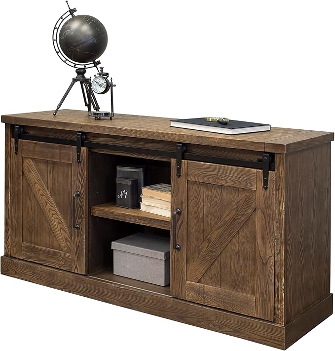 Avondale 60" TV Console Barn Door Entertainment Stand Wood Accent Cabinet Brown