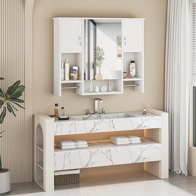 VECELO Bathroom Wall Cabinet with Mirror, Wall Mounted Medicine Cabinet with Open Shelves, 2 Towels Bars for Bathroom Laundry Room Kitchen