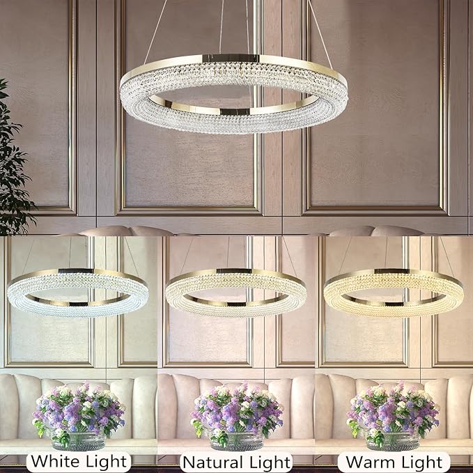 LYICYIU 23.6" Round Crysrtal Stainless Steel Pendant Lamp,3Color LED Dimmable Flush Mount Crystal Chandelier Light with Remote Control for Bedroom,Living Room, Island Entryway,Hallway Foyer (Hanging)