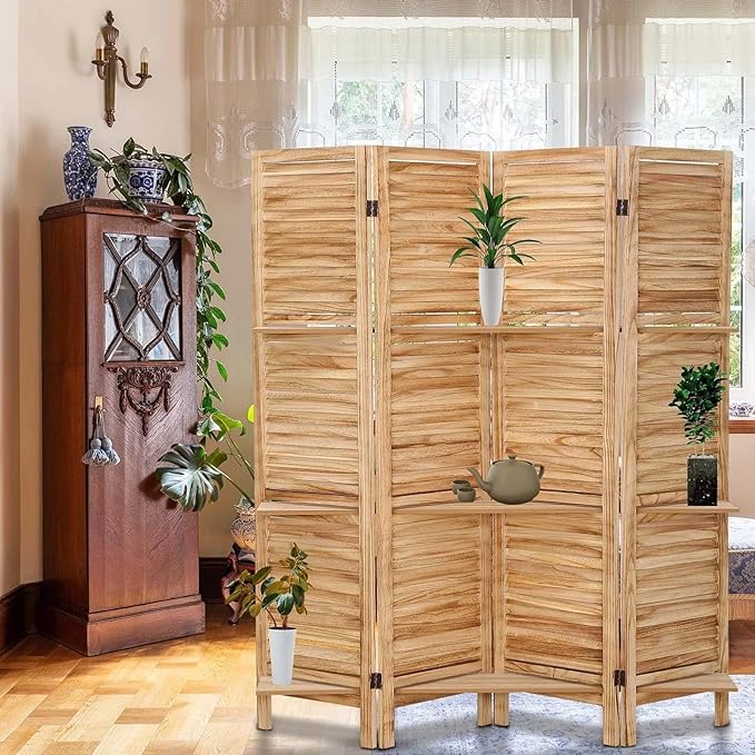 4 Panel Room Divider with Shelves, Room Dividers and Folding Privacy Screens, Folding Room Dividers 4 Panel, Wood Room Divider with 3 Display Shelves for Home Office (Natural)