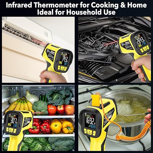 Infrared Thermometer Temperature Gun, TEMIRUP Non-Contact Digital IR Laser Temp Gun -58°F to 1472°F, K-Type Probe -40°F~1202°F, for Cooking, Pizza Oven, BBQ, HVAC, Home & Industrial