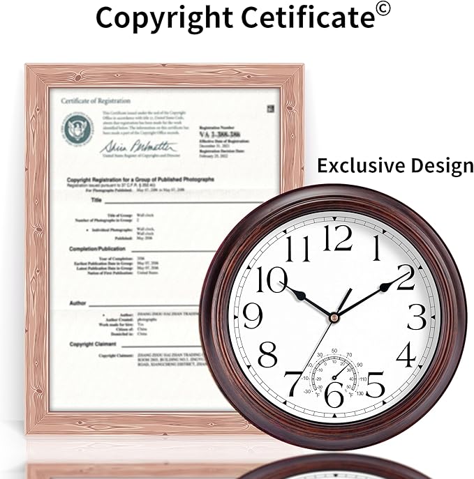 KECYET 8.5 Inch Outdoor Wall Clock with Thermometers, Vintage Silent Wall Clocks Battery Operated, Retro Non-Ticking Clock Decorative for Living Room, Patio, Kitchen, Office, Bathroom, Bedroom(Bronze)