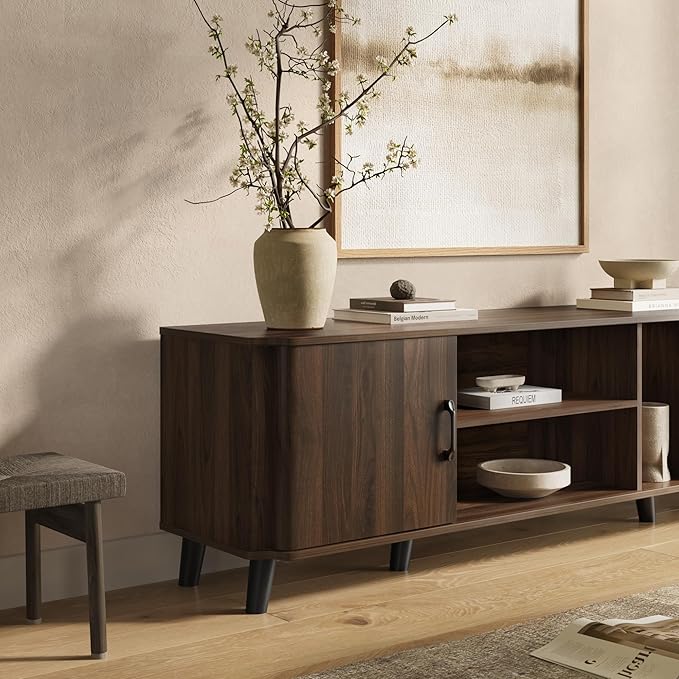 LuxenHome 70 Inch TV Stand, Mid Century Modern TV Stands for Living Room for TV Up to 75", Walnut Media Console Entertainment Center with Storage, Brown TV Consoles for Living Room with Curved Edge
