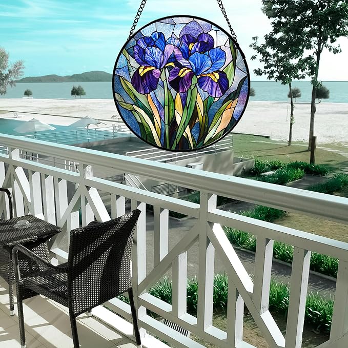 CRISGIF Stained Glass Window Hanging - Blue Purple Iris Flower Suncatcher for Door Garden Patio Sun Catchers Decor Christmas Mother's Day Birthday Gifts for Women Men Mom Nana Aunt Friend 15 in