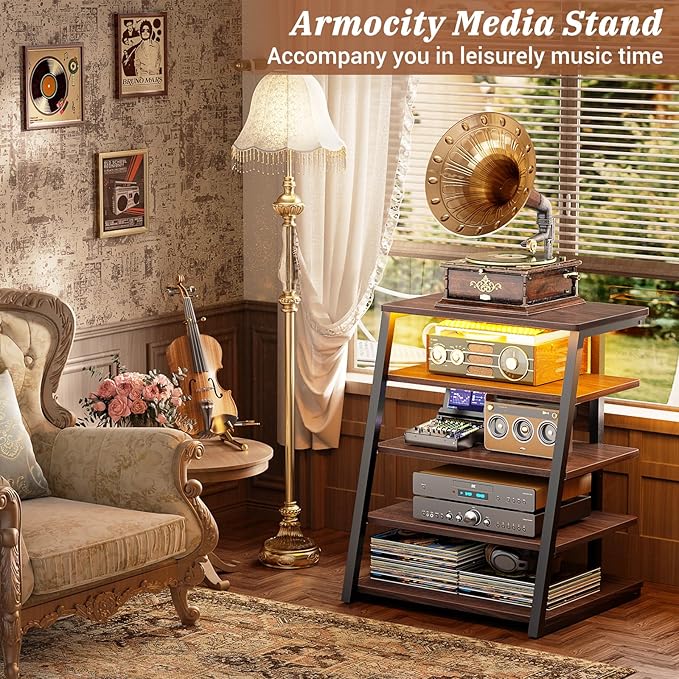 Armocity 5-Tier AV Media Stand with Power Strips, Media Console with LED Lights, Audio Tower Rack with Adjustable Shelves, Stereo Stands and Racks, 40.8'', Black Walnut