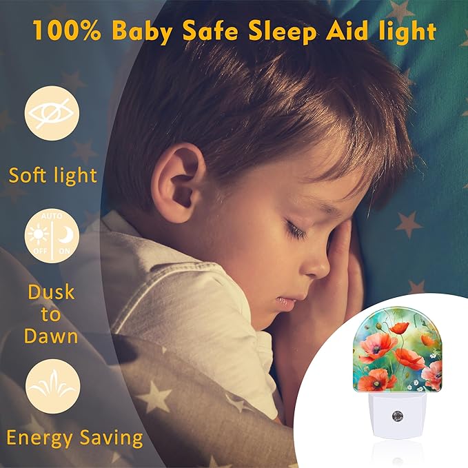 sndheke Watercolor Red Poppies Flower Night Light, Abstract Colorful Floral Dusk to Dawn Night Light Plug in,0.5w Energy Saving Sleep Friendly NightLight for Kids Boys Girls Home Decor