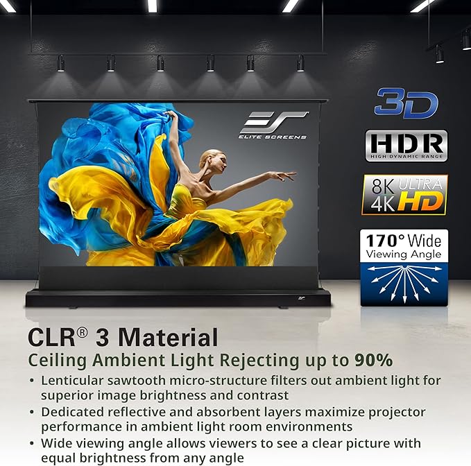 Elite Screens Kestrel Tab-Tension 2 CLR3, 121" 16:9, Ultra-Short Throw Ceiling Ambient Light Rejecting (CLR/ALR) Electric Floor-Rising Motorized Front Projector Screen, Black Casing, FTE121UH3-CLR3