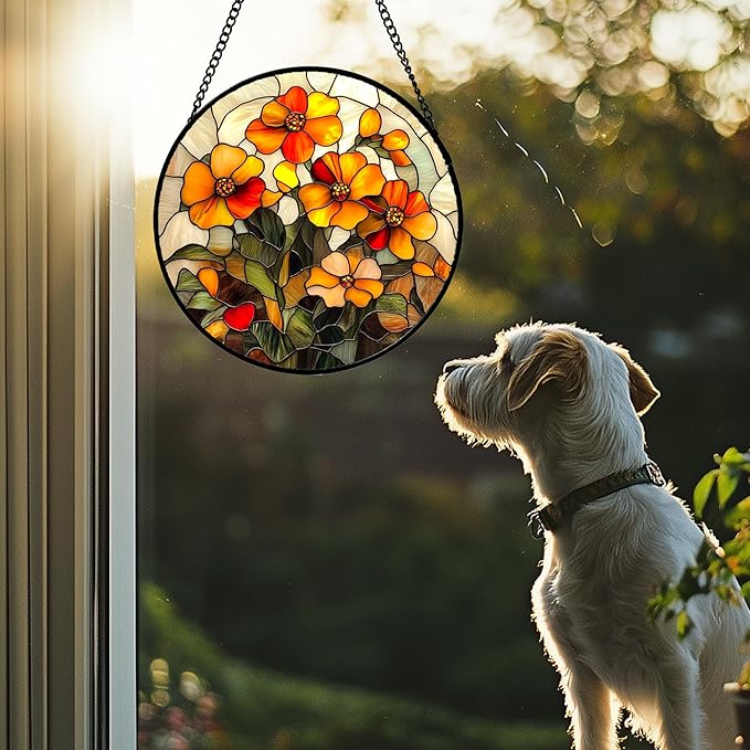 CRISGIF Stained Glass Window Hanging - Orange Marigolds Flowers Suncatcher for Door Garden Yard Sun Catchers Decor Christmas Mother's Day Birthday Gifts for Women Mom Nana Girlfriend Men 6.3 in