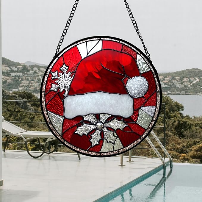 DASTOLL Stained Glass Window Hanging 4 Pcs Set Red Christmas Decorations Theme 6.3" - Suncatcher Door Garden Sun Catcher Decor Birthday for Mom Woman Nana Men Friend Wife