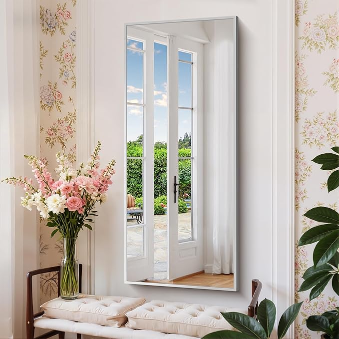 Silver Bathroom Mirror for Wall, 20x48 Inch Rectangle Mirror with Metal Frame, Modern Vanity Mirrors for Bathroom Living Room, Entryway Hangs Horizontal or Vertical
