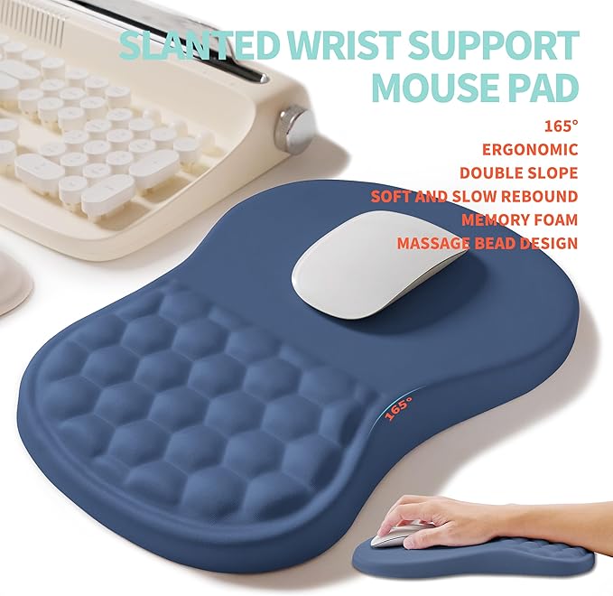 KUOSGM 2-in-1 Ergonomic Set, Wave Rise Keyboard Wrist Rest and Massage Bulge Slope Mouse Pad Wrist Support, Cushion Memory Foam Integrated to Relieve Wrist Pain, Dark Blue