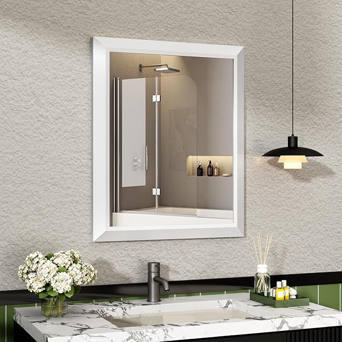 SMIROR Matte White Bathroom Mirror for Over Sink, 24”x 28” Metal Thick Framed Rectangle Vanity Mirror for Wall, Right Angle Corner, Anti-Rust, Horizontally or Vertically Mounted