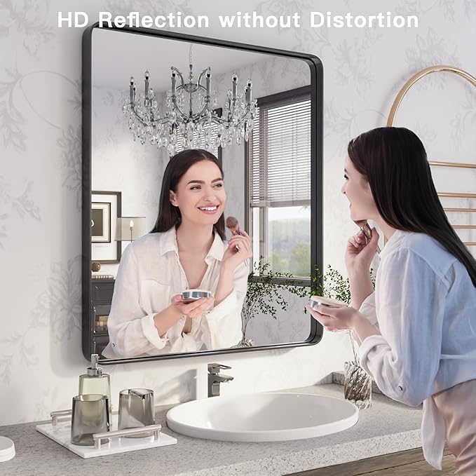 ISKM Black Framed Mirror for Wall 24"x 32", Bathroom Vanity Mirror Anti-Rust, Tempered Glass, Rounded Rectangle Mirror(Horizontal/Vertical)