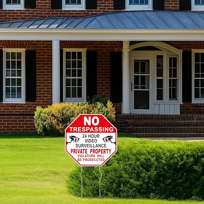 GXGGUS NO Trespassing Signs Private Property Video Surveillance Sign, 2-Pack 10"x10" Double-Sided Signs, Corrugated Plastic, Metal Stakes, Outdoor Yard Sign for Home and Front Door Land, and Garden, Lawn