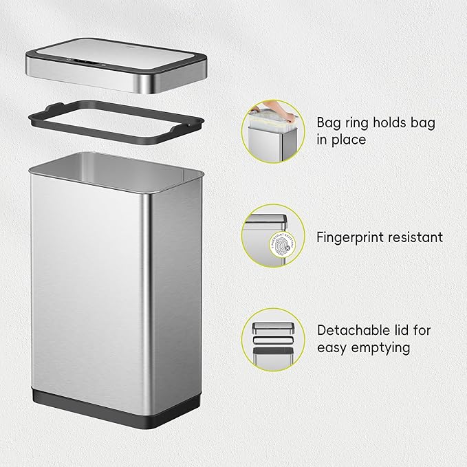 EKO EcoNova 13.2 Gallon/ 50L Automatic Sensor Kitchen Trash Can, Stainless Steel Touchless Garbage Bin with Soft-Close &Stay-Open Lid, Fingerprint-Resistant