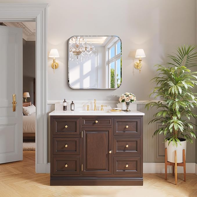 CILIBER Frameless Mirror, 24x24 Beveled Bathroom Mirrors for Over Sink, Square Frameless Wall Mirror Rounded Corner, Shatterproof Tempered Glass Lightweight Design for Bedroom Living Room Entryway