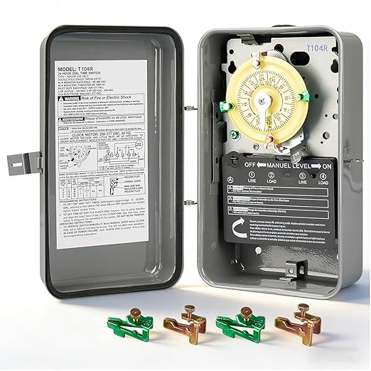 T104R 24-Hour Mechanical Time Switch, 208-277V, 40A, DPST, NEMA 3R Outdoor Steel Enclosure, Gray – Heavy Duty Timer for Pool Pumps, Heaters, and Industrial Motors