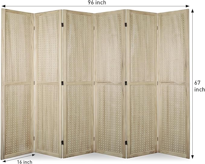 ECOMEX 6 Panel Room Divider, 5.6Ft Pegboard Display Wooden Folding Privacy Screen Freestanding Peg Board for Trade Show Craft Show Home Wall Organizer, Natural Wood