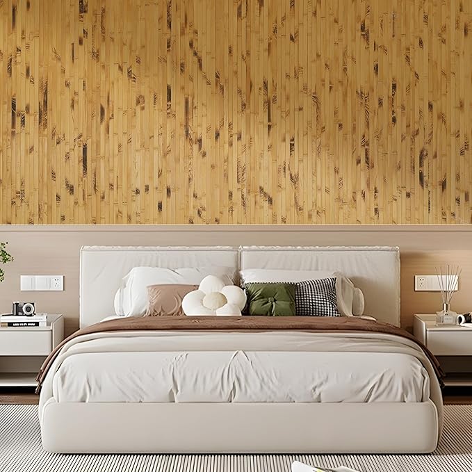 OUZUGIE 1 Pack 96x48 Inch Natural Bamboo Wall Panel – Yellow Burned Pole Wrap Paneling for Walls, Ceilings, Cabinets, Furniture – Ideal for Bedroom, Living Room & Office DIY Decor