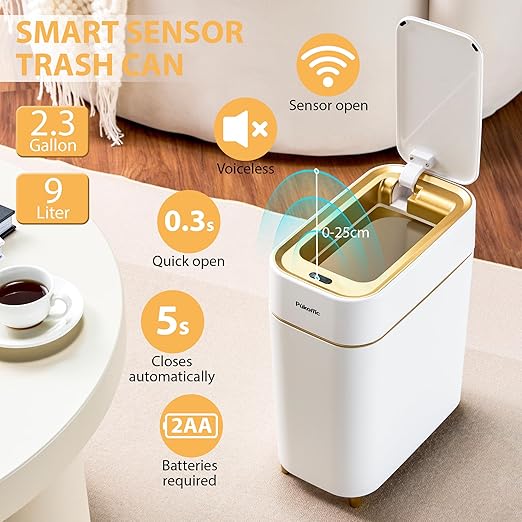 Pukomc Automatic Small Sensor Trash Can with Touchless Lid, 2.3 Gallon / 9L Smart Garbage Can, Quiet Close White Gold Waste Bin - Perfect for Kitchen, Living Room & Small Spaces