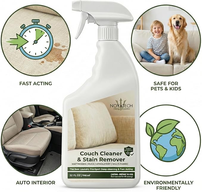 NOYATECH Couch Cleaner and Stain Remover Spray – Professional Strength, Multi-Surface Fabric and Upholstery Cleaner – Pet-Safe, Non-Toxic, Quick-Drying for Couches, Sofas & Car Interiors.