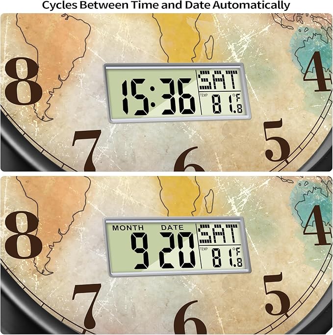 Modern Round Retro Digital and Analog Wall Clock Silent Calendar Colorful World Map Vintage Clocks with Date and Temperature Week Quiet Non-ticking Kid Room Office Kitchen Decor for Bedroom 12 Inch