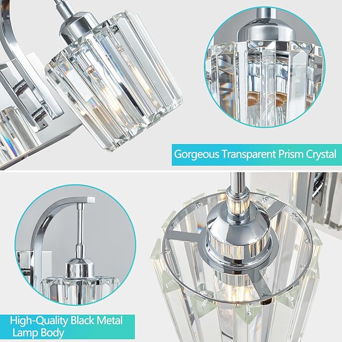 FDPBY Modern Bathroom Vanity Light, 3-Light Chrome Wall Sconce with Crystal Accents, Over Mirror Bathroom Lighting Fixture, 23.62" Long Dimmable Vanity Lamp for Makeup, Easy Installation