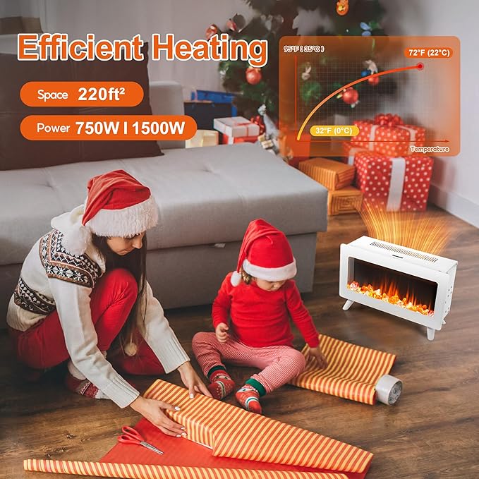 FLAME&SHADE 16 in Small Electric Fireplace Heater - Desk Space Heater with Realistic LED 3D Flames, Freestanding Fire Places Stove, 750 | 1500w, Overheating Protection (White)