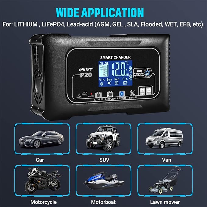 Dylannet Smart Battery Charger 20A 12V/24V Fully Automatic Maintainer, Trickle Charger/Desulfator with Overcharge Protection & Temperature Compensation for LiFePO4 Lead Acid Lithium Batteries