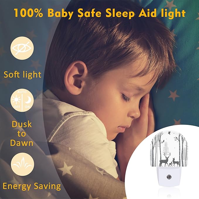sndheke Deer in The Forest Night Light, Birch Tree with Deer Dusk to Dawn Night Light Plug in,0.5w Energy Saving Sleep Friendly NightLight for Kids Boys Girls Home Decor