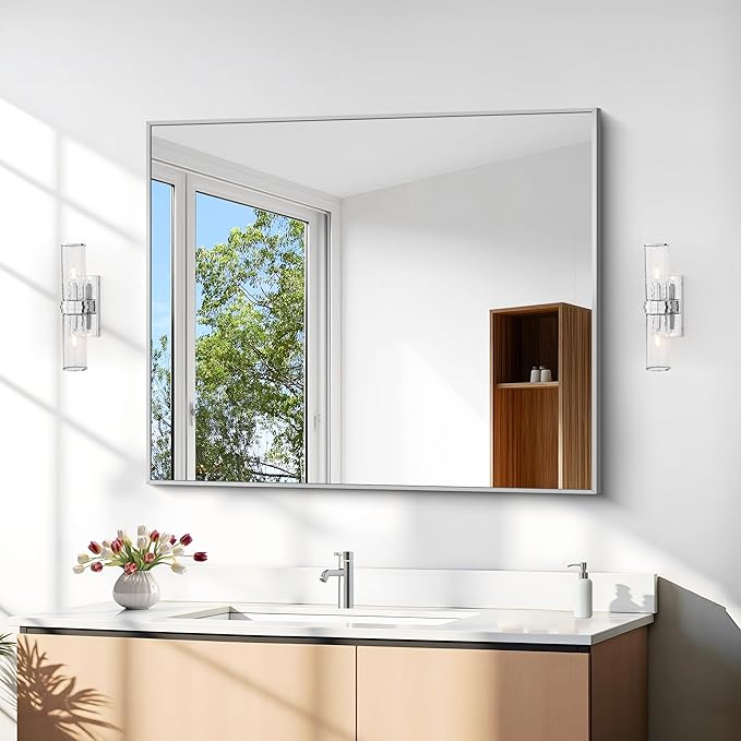 30" x 36"Bathroom Mirror, Silver Rectangle Corner Wall Mirror with Metal Frame, Decorative Rectangular Vanity Mirror for Bedroom Bathroom Living Room Entryway (Horizontal/Vertical)