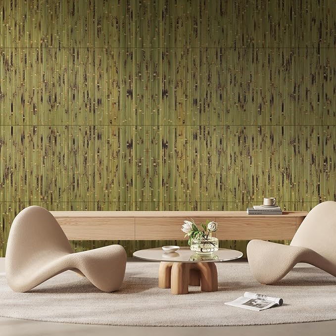 OUZUGIE 1 Pack 96x24 Inch Natural Bamboo Wall Panel – Green Burned Pole Wrap Paneling for Walls, Ceilings, Cabinets, Furniture – Ideal for Bedroom, Living Room & Office DIY Decor