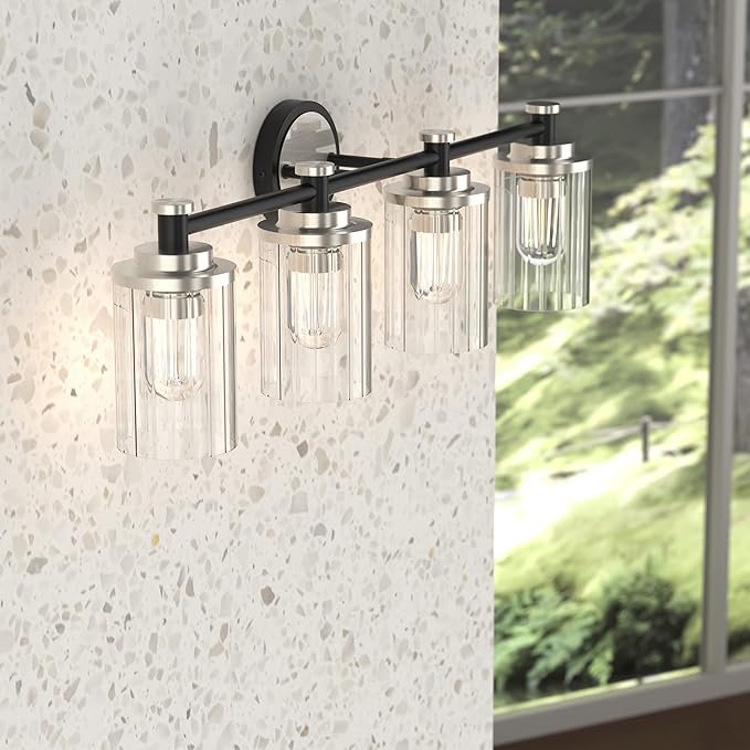 PHIXART Bathroom Lighting Fixtures Black and Brushed Nickel Bathroom Vanity Light with Cylindrical Clear Stripes Glass Lampshade E26 Socket Base Bathroom Lighting Fixtures Over Mirror (4 Lights)