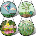 AMDERVEN Stained Glass Window Hanging 4 Pcs Set Pink Green Spring Saplings Flowers 9.8" - Suncatcher Door Garden Sun Catcher Home Decor Mother's Day for Woman Nana Mom Men