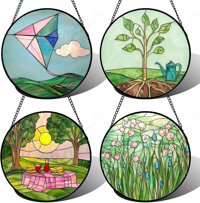 AMDERVEN Stained Glass Window Hanging 4 Pcs Set Pink Green Spring Saplings Flowers Large 11.8" - Suncatcher Door Garden Sun Catcher Home Decor Mother's Day for Woman Nana Mom Men