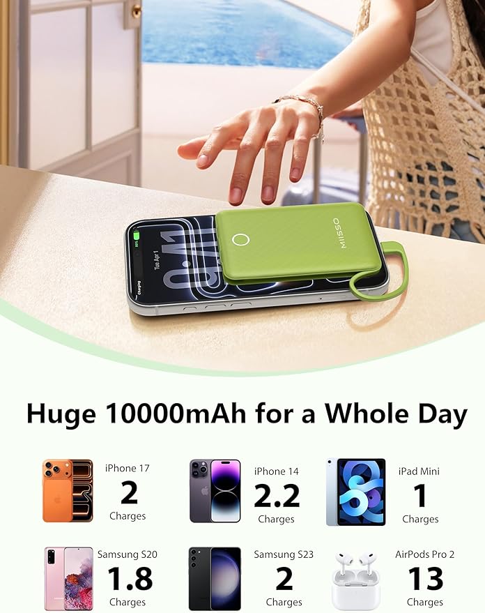 miisso 10000mAh Mini Portable Charger with Built in Cable, Pocket Size Power Bank Travel External Battery Pack for Phone, 3 Output USB Type C Cord Clutch Compatible with iPhone, Samsung, Green