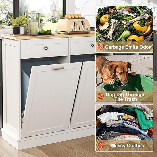 Tilt Out Trash Can Cabinet Dog Proof with Double Wood Hidden Holder, Kitchen Free Standing Recycling Cabinet（White）