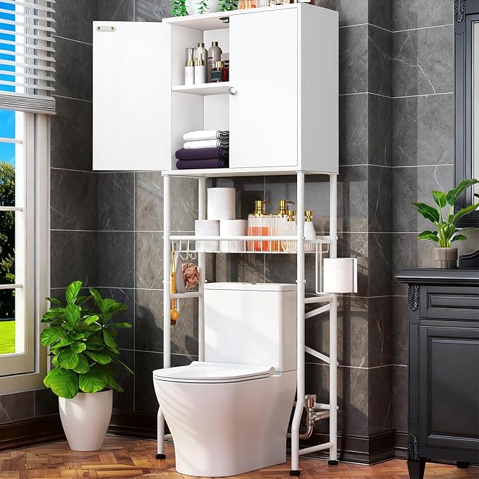 Over The Toilet Storage Cabinet - Bathroom Organizers Shelf with Barn Doors, Freestanding Space-Saver Above Toilet Storage Cabinet , Water-Resistant Rack for Bathroom，Anti-Tip Toilet Shelves (White)