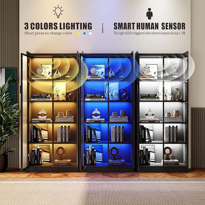 Dystler Display Cabinet with Doors and Adjustable Shelves, 65" Tall Bookcase with LED Lights/Human Sensor, 5 Tier Display Case for Collectibles Bedroom Living Room Office, Black