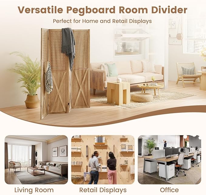 ALeesing 4 Panel Pegboard Wood Room Divider, 5.6Ft Pegboard Display Folding Privacy Screens, Peg Board Display Freestanding for Trade Show Craft Show Home Wall Organizer, Light Brown