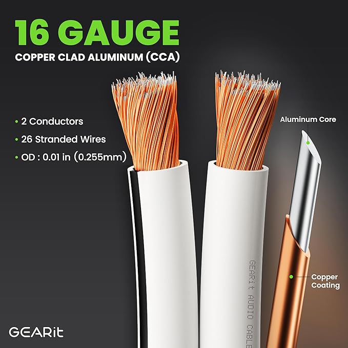 16AWG Speaker Wire, GearIT Pro Series 16 Gauge Speaker Wire Cable (100 Feet / 30.48 Meters) Great Use for Home Theater Speakers and Car Speakers, White
