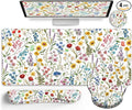 LIMKRIAN Floral Mouse Pad Set Large Desk Mat for Desktop, Ergonomic Mouse Pad with Gel Wrist Rest for Gaming, Computer Keyboard Mat Wrist Support Cup Coaster Set, Women Office Desk Accessories Decor