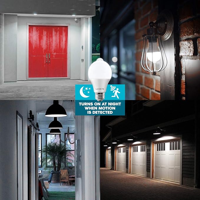 LUXRITE A19 LED Motion Sensor Light Bulbs, 60W Equivalent, Motion Activated Dusk to Dawn Sensor, 5000K Bright White, 800 Lumens, Security Light Bulb, Indoor/Outdoor, UL Listed, E26 Base (6 Pack)