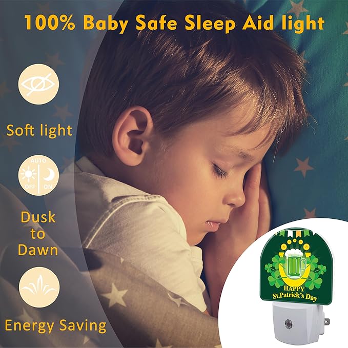 Happy St. Patrick's Day Night Light for Kids,Clover and Green Beer Night Light Plug in with Dusk to Dawn Sensor, 0.5w Energy Saving Sleep Friendly Nightlight for Hallway Stairway Kitchen Bedroom